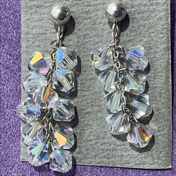 Ab crystal sterling silver cluster dangling pierced earrings - Picture 1 of 7